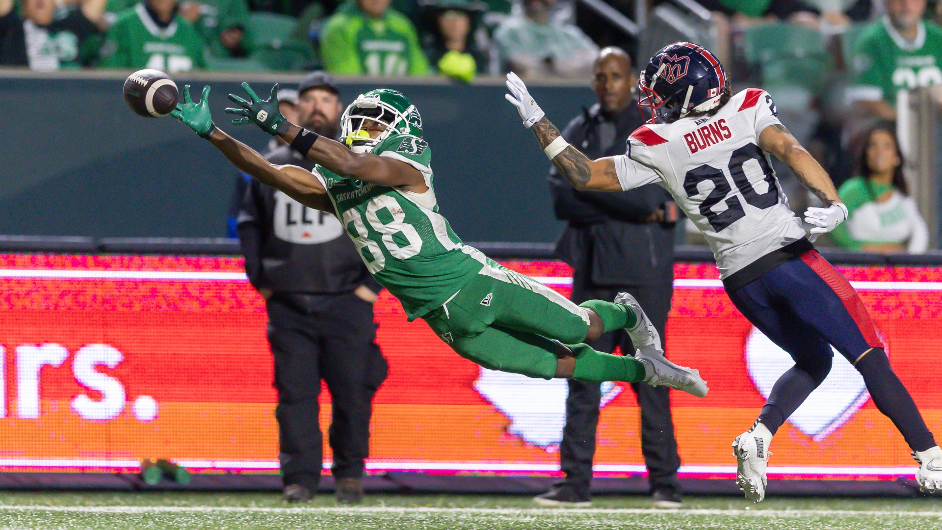 Dohnte Meyers making a spectacular diving attempt at a catch in the most recent Roughriders vs Alouettes game ahead of Grey Cup 2025