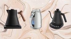 Three of the best electric kettles from Fellow, Cuisinart and Cosori on marbled brown background