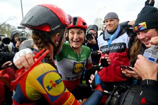 OUDENAARDE, BELGIUM - MARCH 31: (L-R) Shirin Van Anrooij of The Netherlands and race winner Elisa Longo Borghini of Italy and Team Lidl - Trek react after the 21st Ronde van Vlaanderen - Tour des Flandres 2024 - Women's Elite a 163km one day race from Oudenaarde to Oudenaarde / #UCIWWT / on March 31, 2024 in Oudenaarde, Belgium. (Photo by Luc Claessen/Getty Images)
