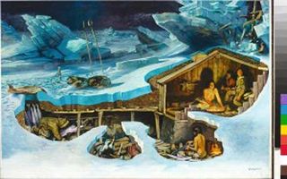 Contrasts of warm and cool colours in this illustration help depict a true story: Eskimos in their dwelling 500 years ago, about to be buried by storm-driven ice.