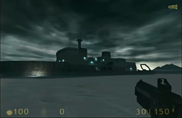 view of early version of the Borealis icebreaker stranded in ice field in early version of Half-Life 2