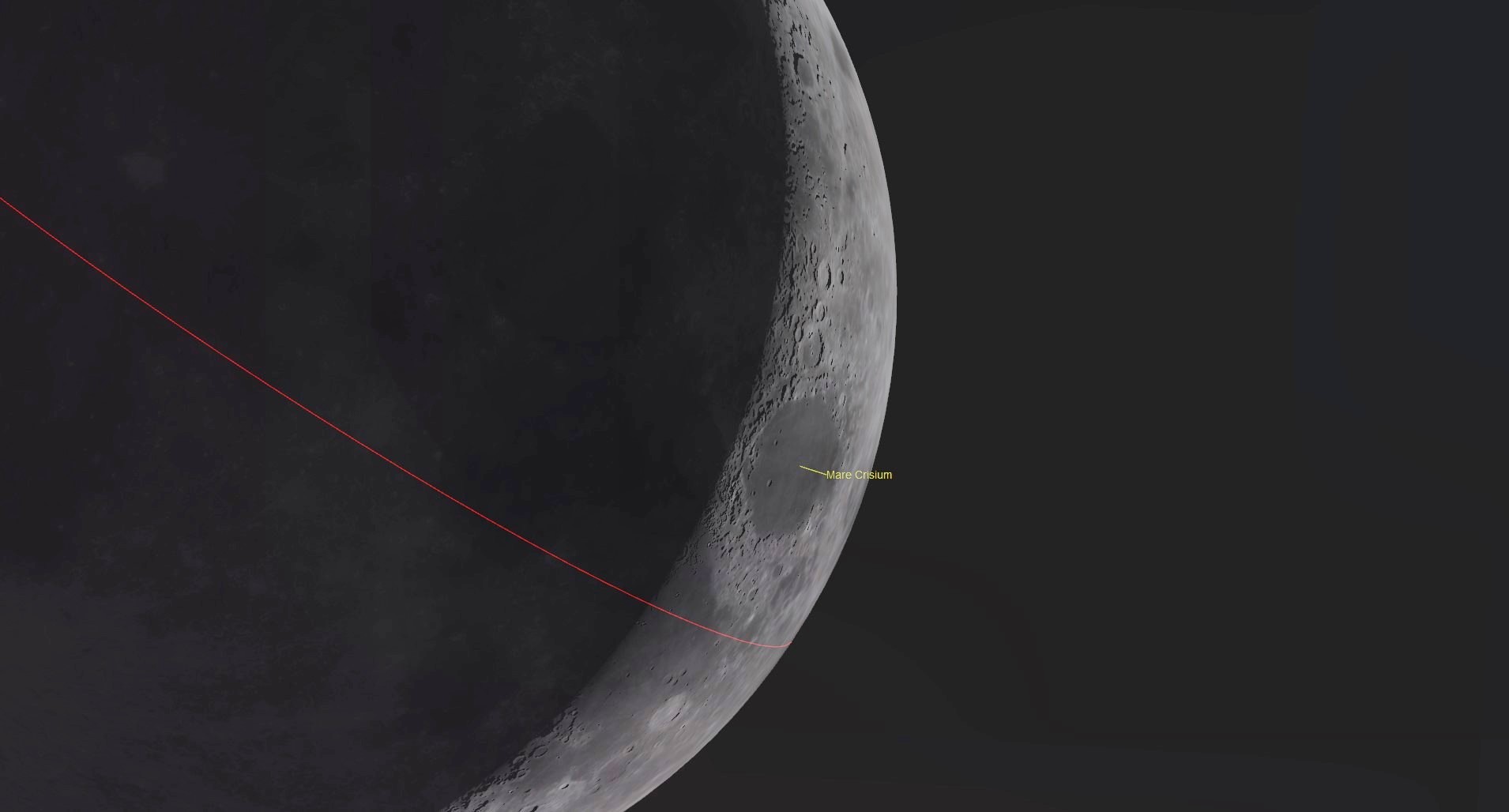 A close up of the moon in space with a labeled Mars Crisium.