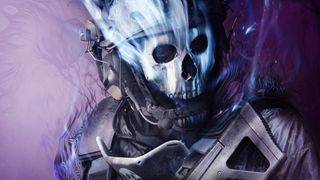 A close up of an operator with a flaming blue skull, against a purple backdrop