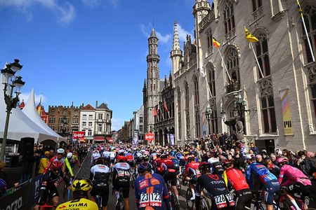BRUGGE BELGIUM MARCH 26 A general view of the peloton prior to the 49th Classic BruggeDe Panne 2025 Mens Elite a 1956km one day race from Brugge to De Panne UCIWT on March 26 2025 in Brugge Belgium Photo by Luc ClaessenGetty Images