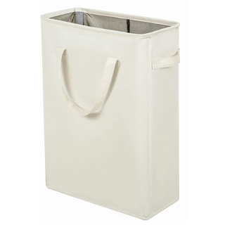A beige collapsible laundry hamper with handles