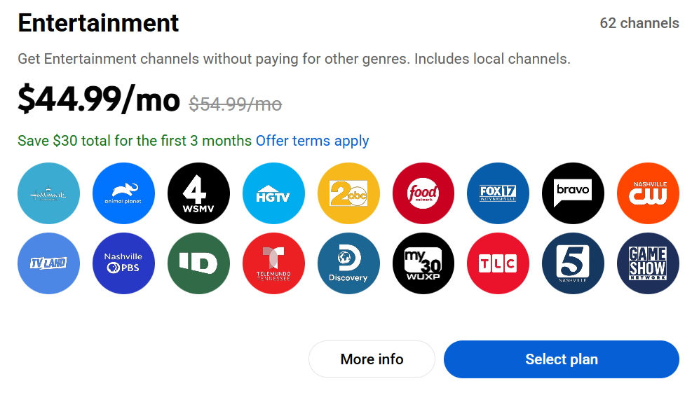 YouTube TV Entertainment plan