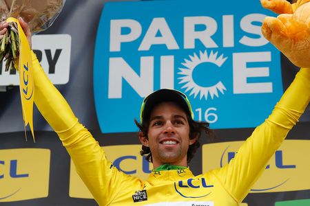 Michael Matthews celebrates on the podium with his yellow jersey, after the second stage of the 74th edition of the Paris-Nice