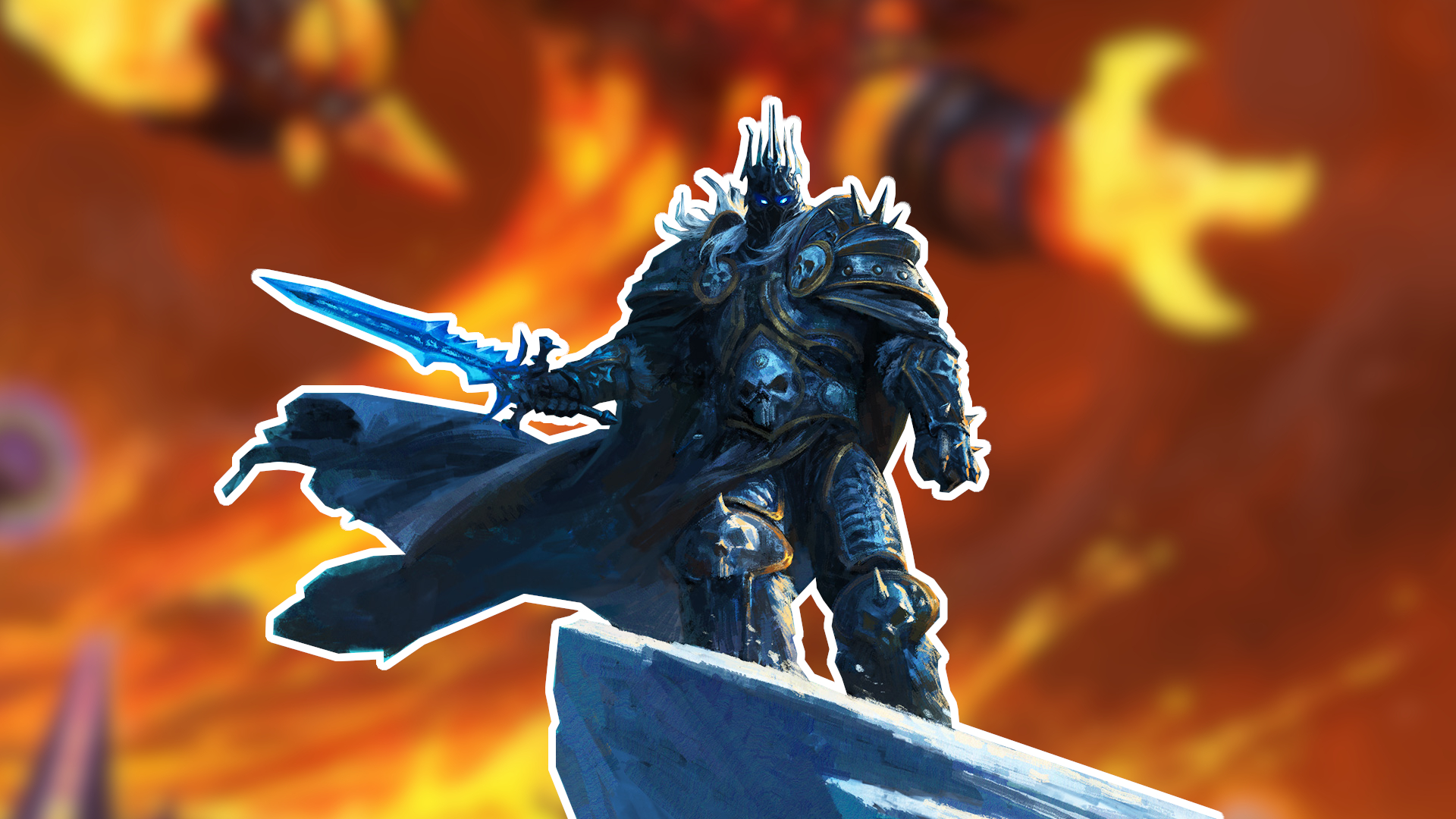 The Lich King, outlined in white, looks out from a snowy outcrop against a fiery background