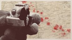 Photo collage of a tiny Vladimir Putin sitting on a mine fragment held by an Ukrainian deminer. In the background, there is a map of Ukraine covered in red blotches.