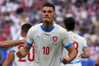 Czech Republic Euro 2024 squad Patrik Schick (C) celebrates scoring his team's first goal during the UEFA EURO 2024 group stage match between Georgia and Czechia at Volksparkstadion on June 22, 2024 in Hamburg, Germany. (Photo by Maryam Majd/Getty Images)