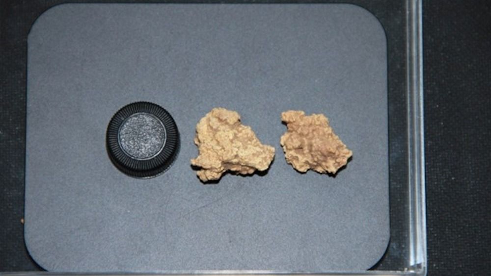 A tray containing chunks of ancient cheese.