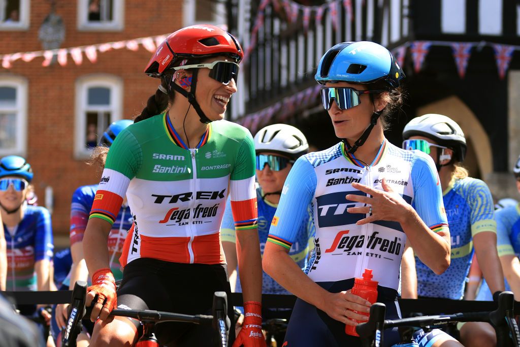SAFFRON WALDEN ENGLAND MAY 26 EDITORS NOTE Alternate crop LR Elisa Balsamo of Italy and Elizabeth Deignan of The United Kingdom and Team Trek Segafredo prior to the 6th RideLondon Classique 2023 Stage 1 a 1464km from Saffron Walden to Colchester UCIWWT on May 26 2023 in Saffron Walden England Photo by Stephen PondGetty Images