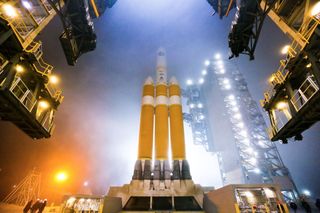 The Mobile Service Tower (MST) is rolled back at Space Launch Complex-6 in preparation for launch of a United Launch Alliance Delta IV Heavy rocket carrying the NROL-65 mission for the National Reconnaissance Office.