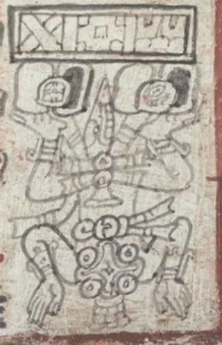 An illustration from the Dresden Codex shows the Venus god descending from a sky band containing solar and lunar symbols.