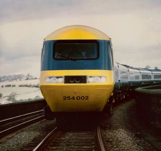 A pristine British Rail HST train set, number 254002, pictured static for a publicity photoshoot. This was the second set introduced on the East Coast Main Line between London King’s Cross, Edinburgh and Aberdeen, c. 1978