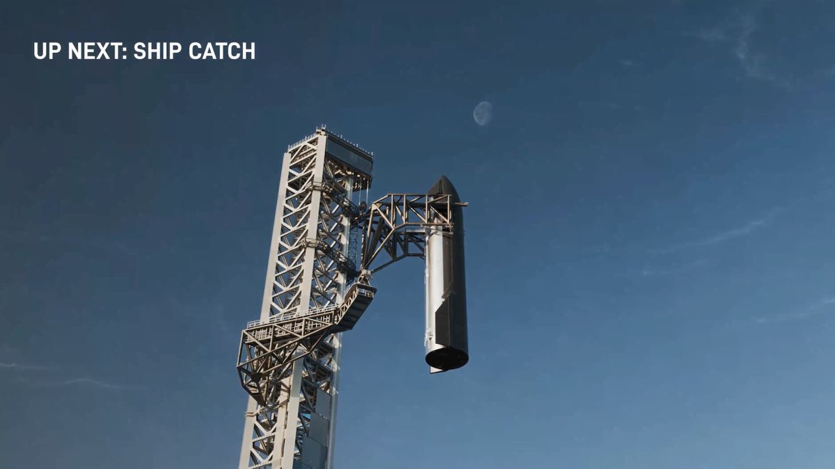 illustration of a silver spacecraft suspended in midair by the metallic arms of a launch tower