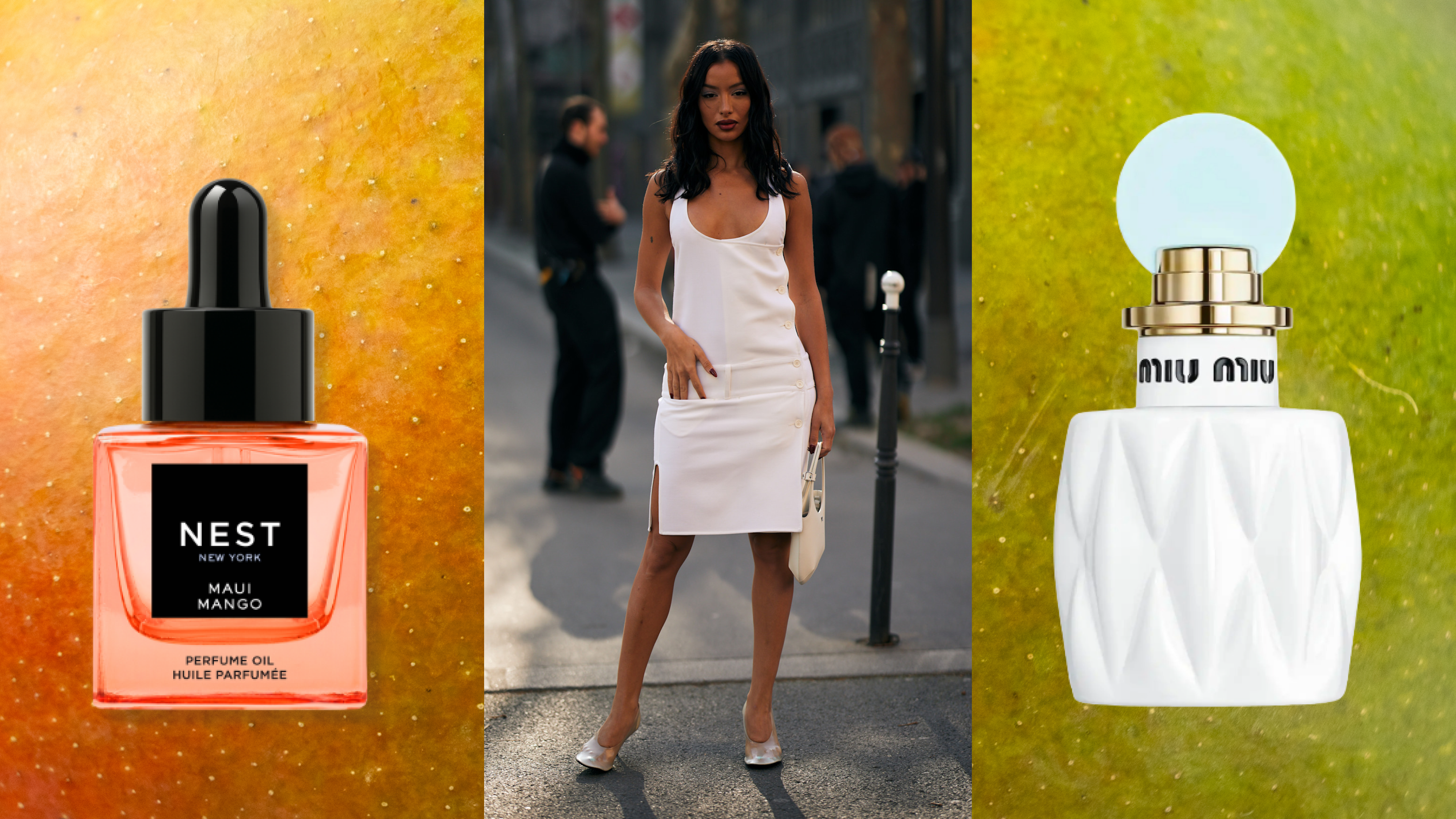 split image of fashion week attendee wearing white dress with nest muai mango and miu miu fleur de lait perfume bottles overlaid on close-up texture of mango background