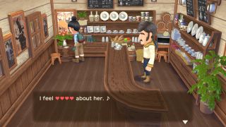 Story of Seasons: A Wonderful Life - a player looks at a diary in the bar that says "I feel [four red hearts] about her."