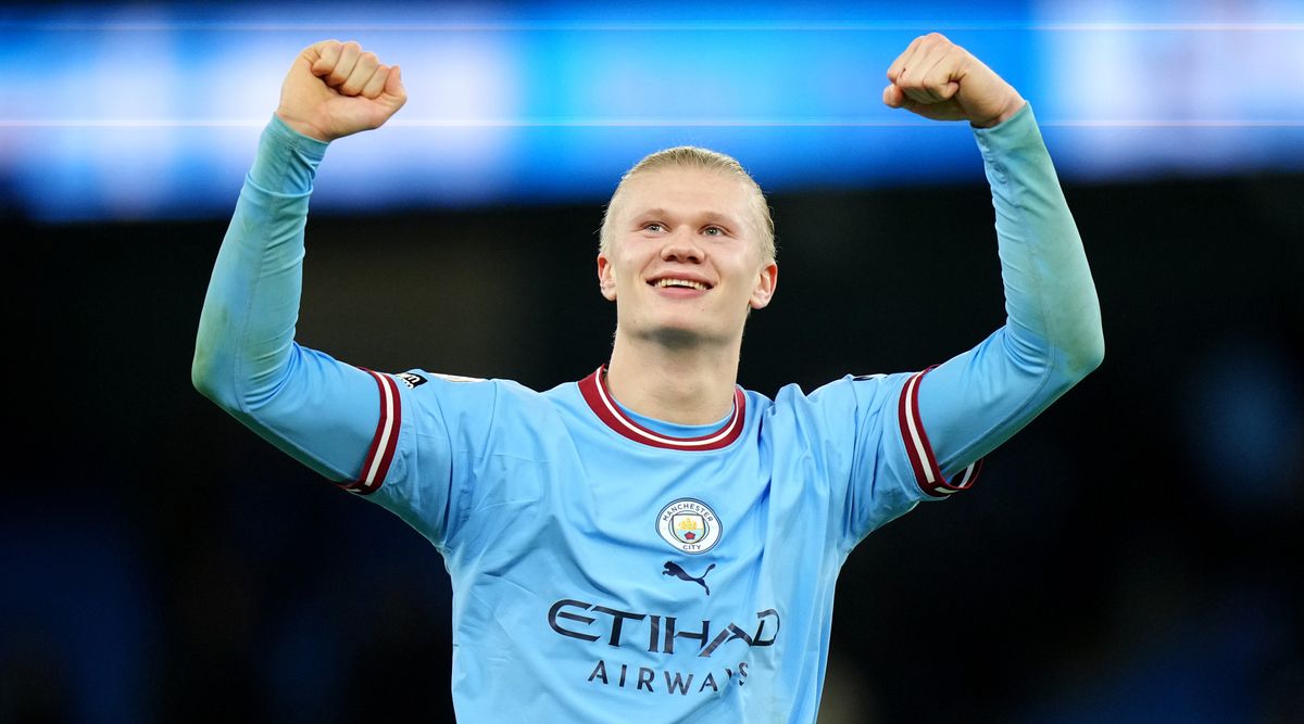 Erling Haaland of Manchester City celebrates at full-time of the Premier League match between Manchester City and Tottenham Hotspur on 19 January, 2023 at the Etihad Stadium in Manchester, United Kingdom.