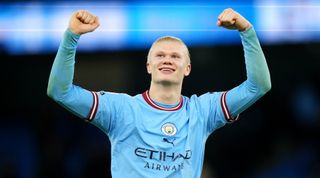 Erling Haaland of Manchester City celebrates at full-time of the Premier League match between Manchester City and Tottenham Hotspur on 19 January, 2023 at the Etihad Stadium in Manchester, United Kingdom.