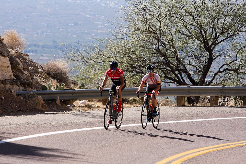 Alberto Contador and a Polartec-Kometa camp guest set a quick pace up Mt. Lemmon outside of Tucson