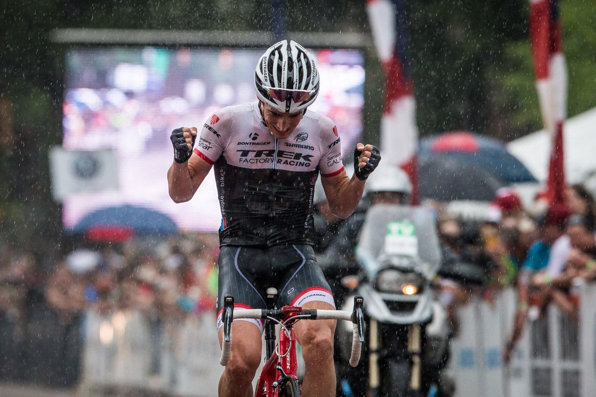 Matt Busche (Trek) celebrates after his win.