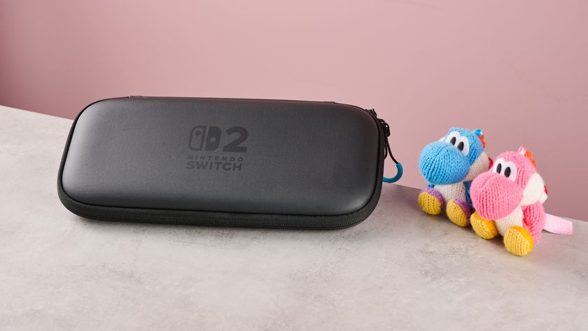 Official Nintendo Switch 2 Carrying Case with a pink and a blue yarn Yoshi amiibo together on the right hand side