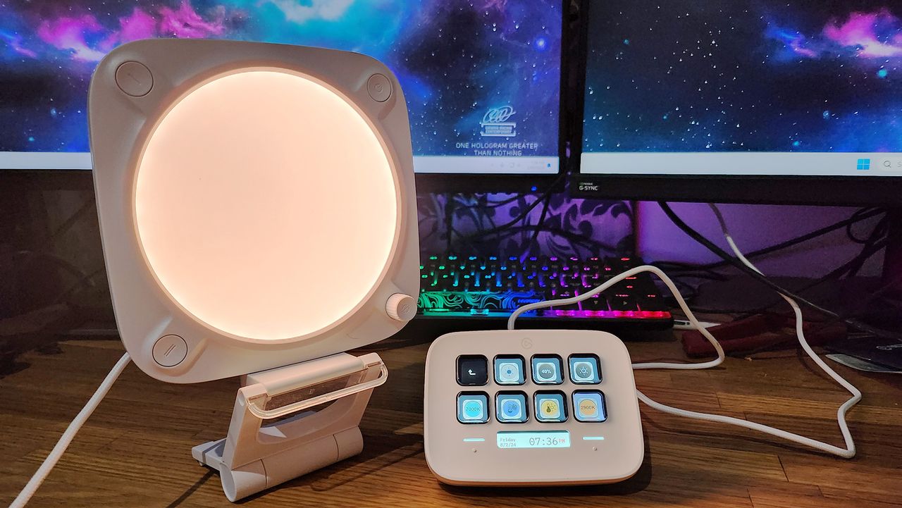 Elgato Key Light Neo set-up on a computer desk