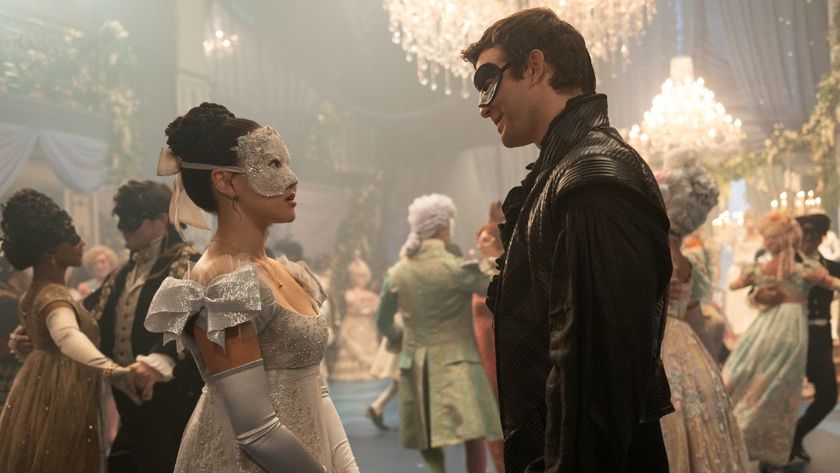 Sophie looking at Benedict. She's dressed as The Lady in Silver. 