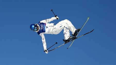 Eileen Gu of China performs an aerial during training for the Milano Cortina Winter Olympics