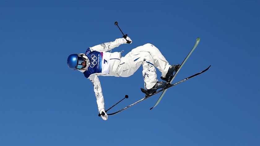 Eileen Gu of China performs an aerial during training for the Milano Cortina Winter Olympics