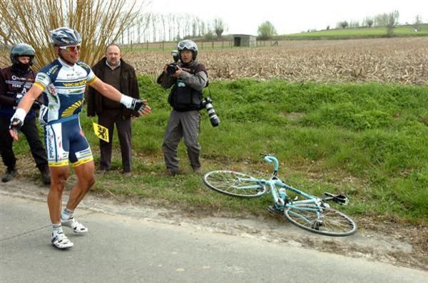 Stijn Devolder (Vacansoleil-DCM) crashes at the 2012 Tour of Flanders