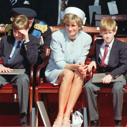 King Charles, Prince William, Princess Diana, and Prince Harry on the 50th anniversary of VE Day on May 7, 1995