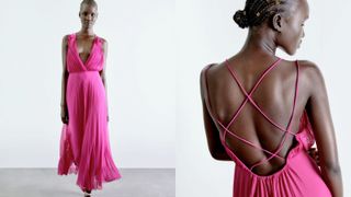 Zara bright pink PLEATED SLIP DRESS