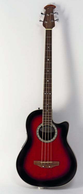An acoustic bass with that classic Ovation bowlback design.