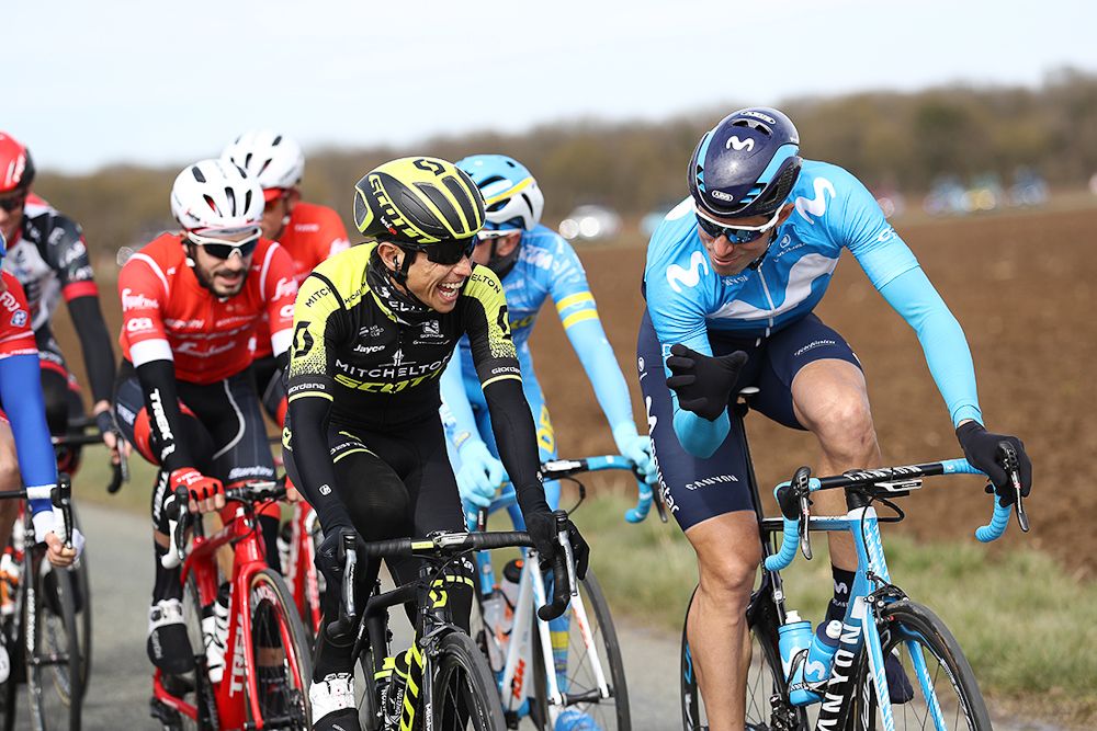 Esteban Chaves chats with Imanol Erviti during stage 2 at Paris-Nice