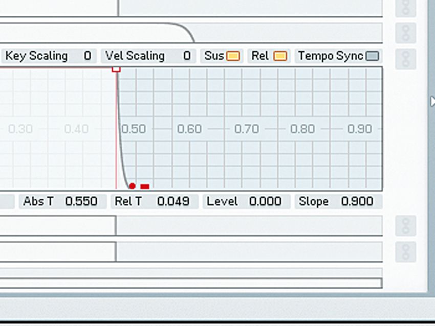 To fix the click, move to the Env page and click on E to get to operator E's envelope. Once you're there, drag the release node (bottom right) to at least 0.6 with a convex curve. Go to operator F's envelope next, dragging the release node only a small amount - around 0.05 should do it - and leaving it on the default convex curve. Now we have a classic ragga bass.