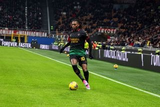 Rafael Leao of AC Milan in action during the Serie A match between AC Milan and Verona at Stadio Giuseppe Meazza on February 15, 2025 in Milan, Italy.