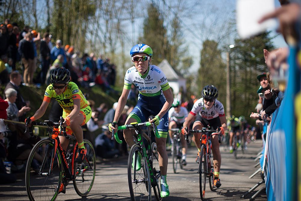 Rachel Neylan of Orica-AIS rides the last few hundred metres of the Fl&egrave;che Wallonne Femmes