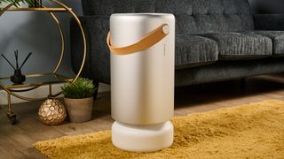 Image shows the Molekule Air Pro air purifier sitting on a mustard colored rug in a living room.