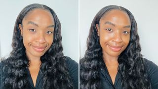 A before and after picture of a person using the Drunk Elephant Bronzing Drops for w&h's Drunk Elephant Bronzing Drops review.
