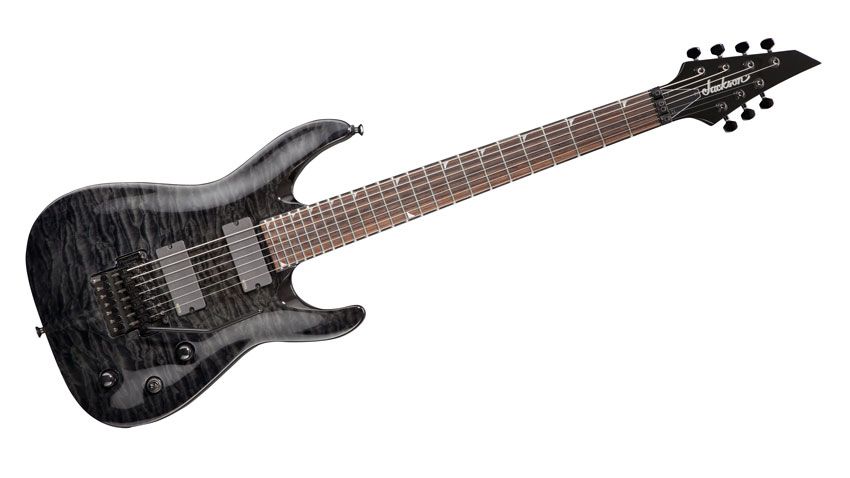 With minimalist fret markers, black-on-black binding, plus black hardware, it looks like an oversized Soloist in stealth mode