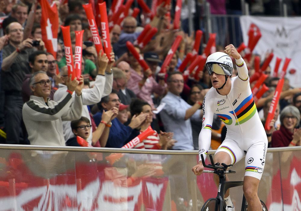 Gold medalist Stefan Kueng of Switzerland celebrates after winning the Men's Individual Pursuit at the Track Elite European Championships