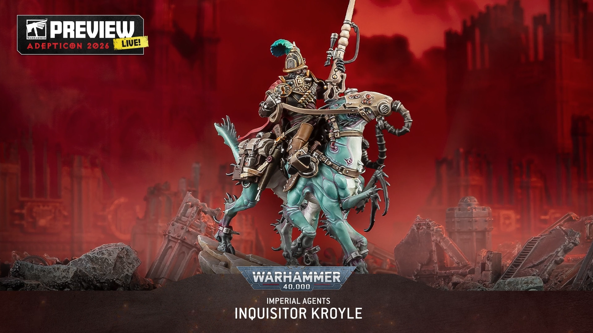 Warhammer miniatures posed against terrain and other models