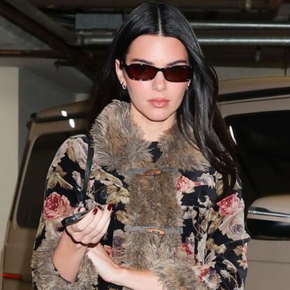 Kendall Jenner was spotted at dinner with her sister Kylie in her favorite high-vamp ballet flat trend and a vintage runway floral jacket