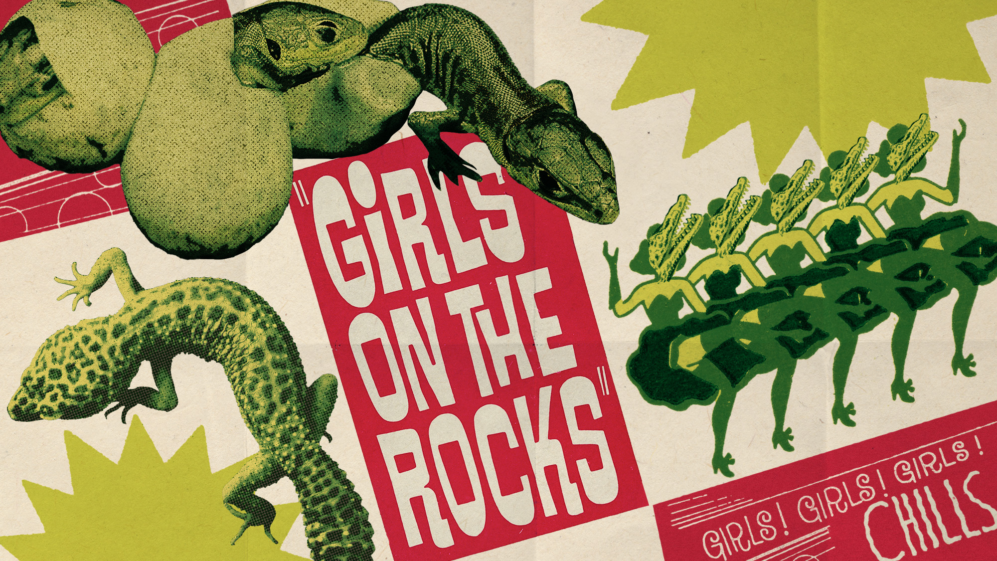 Photo collage of vintage movie posters and reptiles