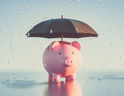 Concept art showing a piggy bank under an umbrella in the rain