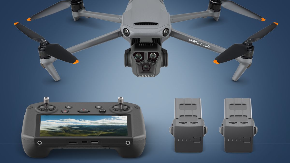 The DJI Mavic 3 Pro drone on a blue background