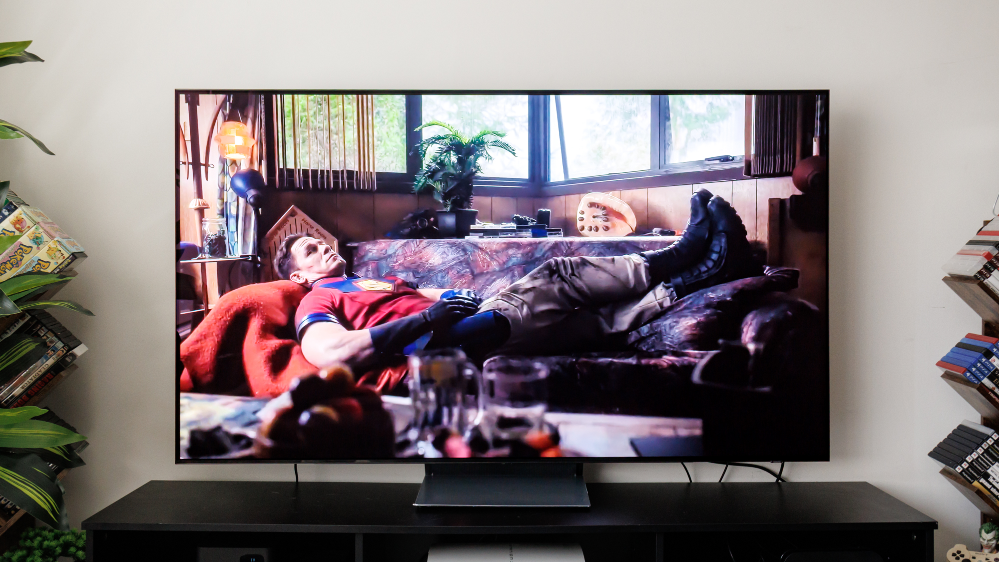 Samsung S90F OLED TV on a cabinet