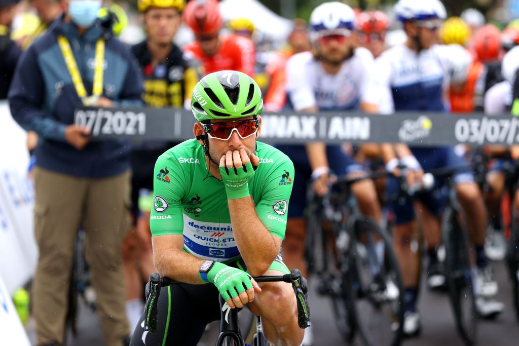 LE GRAND BORNAND FRANCE JULY 03 Mark Cavendish of The United Kingdom and Team Deceuninck QuickStep Green Points Jersey at start during the 108th Tour de France 2021 Stage 8 a 1508km stage from Oyonnax to Le GrandBornand LeTour TDF2021 on July 03 2021 in Le Grand Bornand France Photo by Tim de WaeleGetty Images